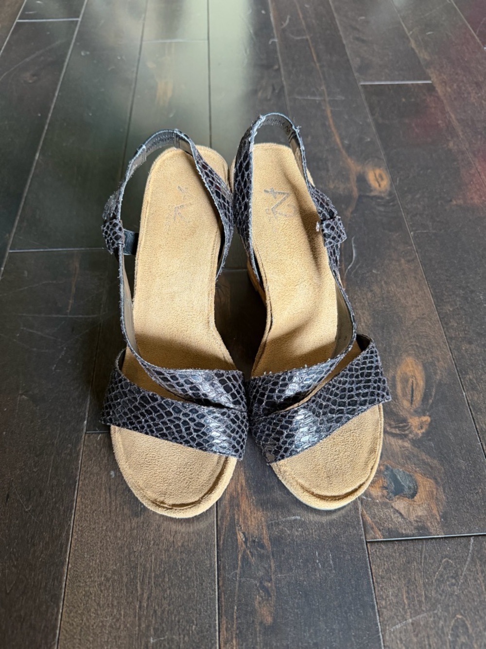 A2 Aerosoles Black Snake Embossed Cork Wedge Slingback Sandals Size 6M